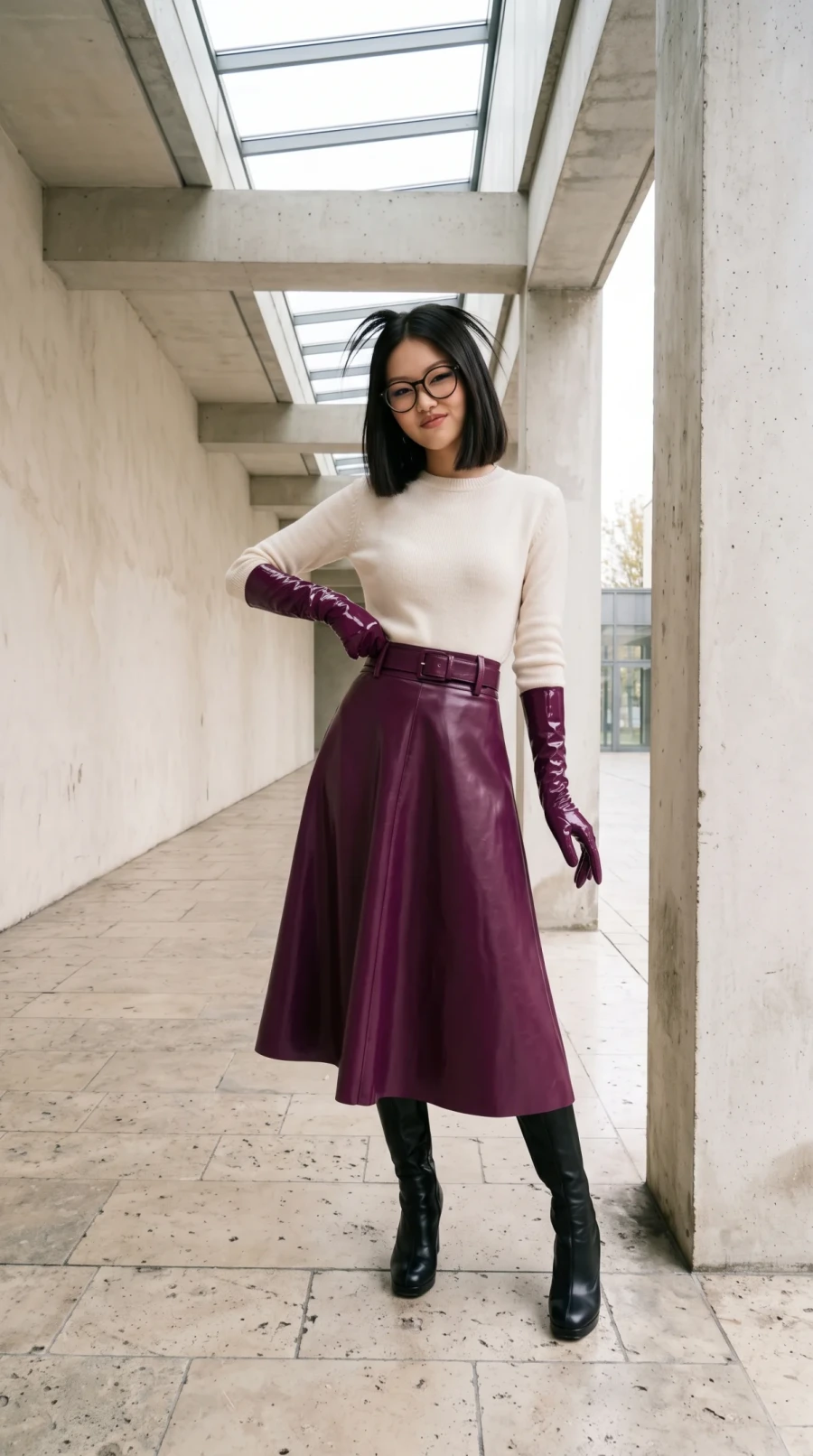 Burgundy Leather Skirt & Glossy Gloves - Image 2