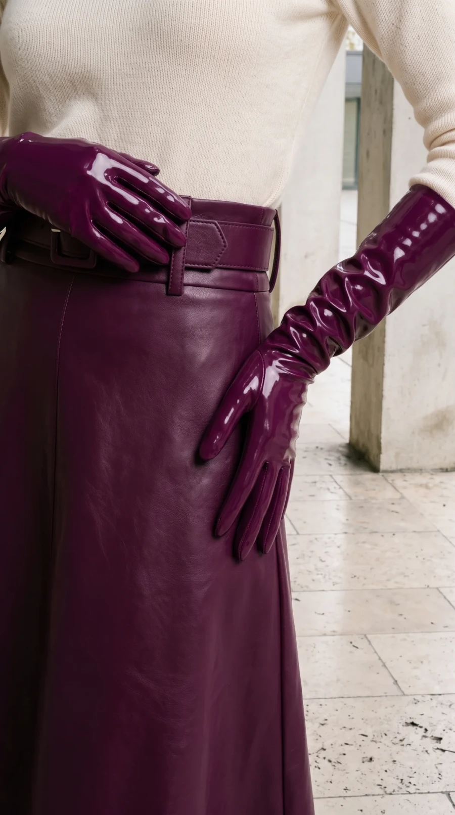 Burgundy Leather Skirt & Glossy Gloves - Image 9