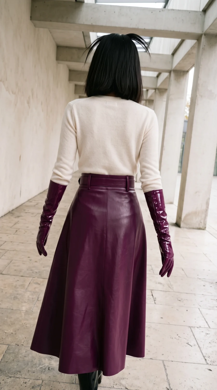 Burgundy Leather Skirt & Glossy Gloves - Image 3