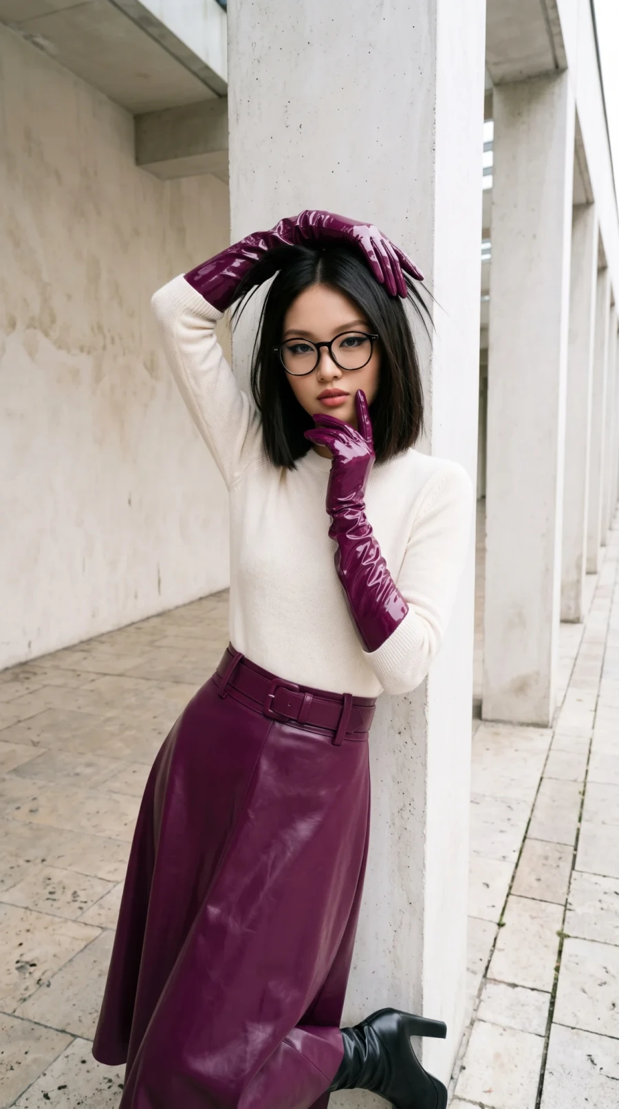Burgundy Leather Skirt & Glossy Gloves - Image 10