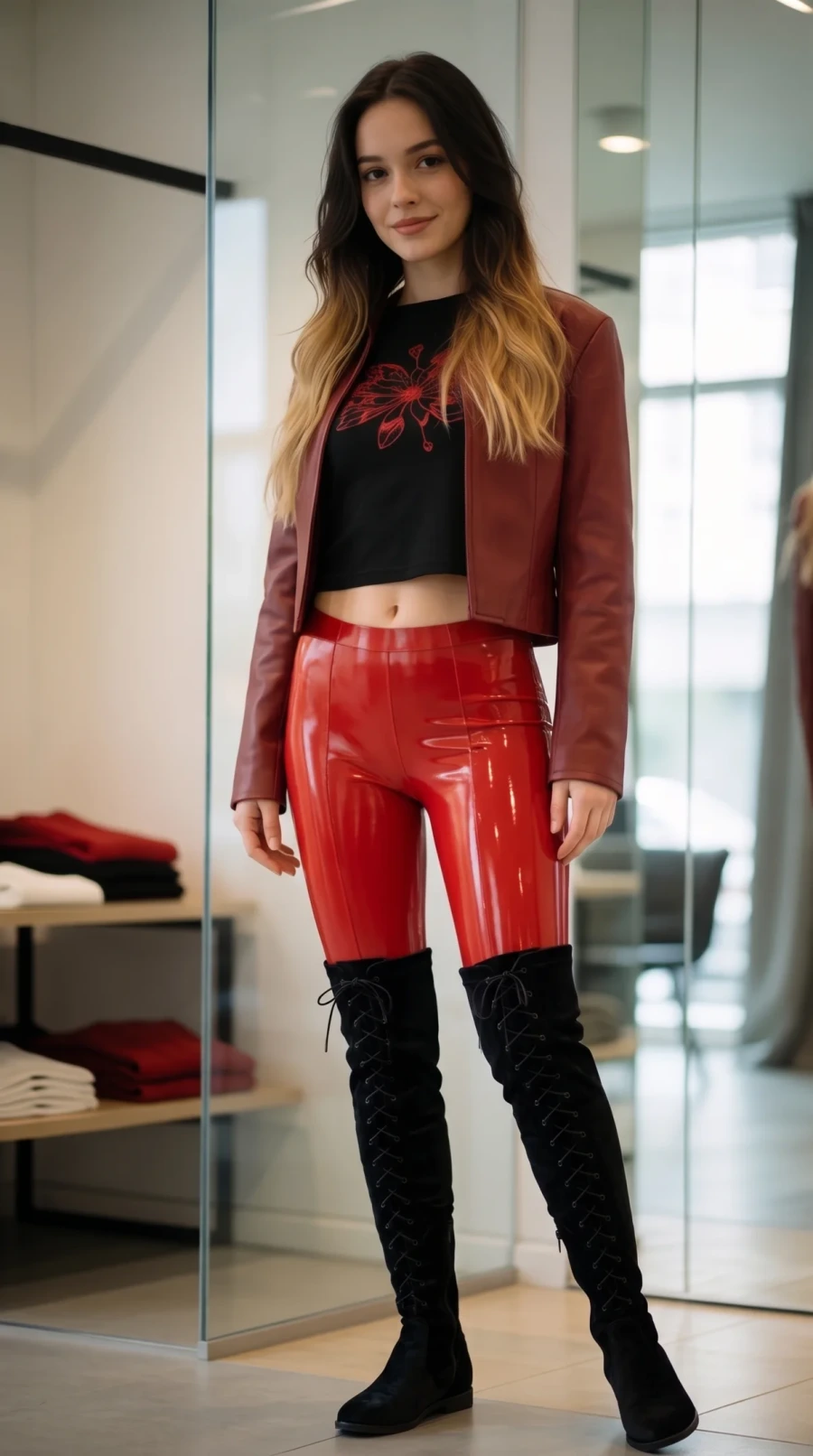 Red Leggings and Black Velvet Boots - Image 5